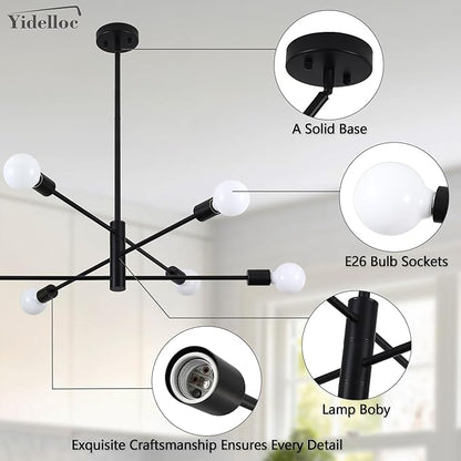 6 Lights Black Sputnik Chandeliers Modern Light Fixtures, Mid Century Chandelier Adjustable Length Pendant Light for Dining Room, Bedroom, Living Room, Kitchen, Farmhouse