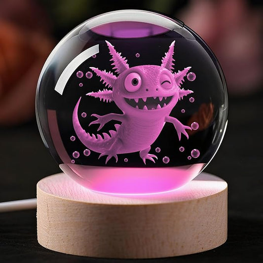 Axolotl 3D Crystal Ball Night Light, 2.36 inch, Axolotl Gifts for Kids Birthday Decorations LED Base Christmas Decor Handmade Emotional Support Doll