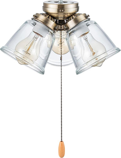 Aspen Creative 22014-1, Three-Light Ceiling Fan Light Kit with Pull Chain, Antique Brass Finish with Clear Glass Shades, 13-1/8" Diameter x 6-3/4" Height