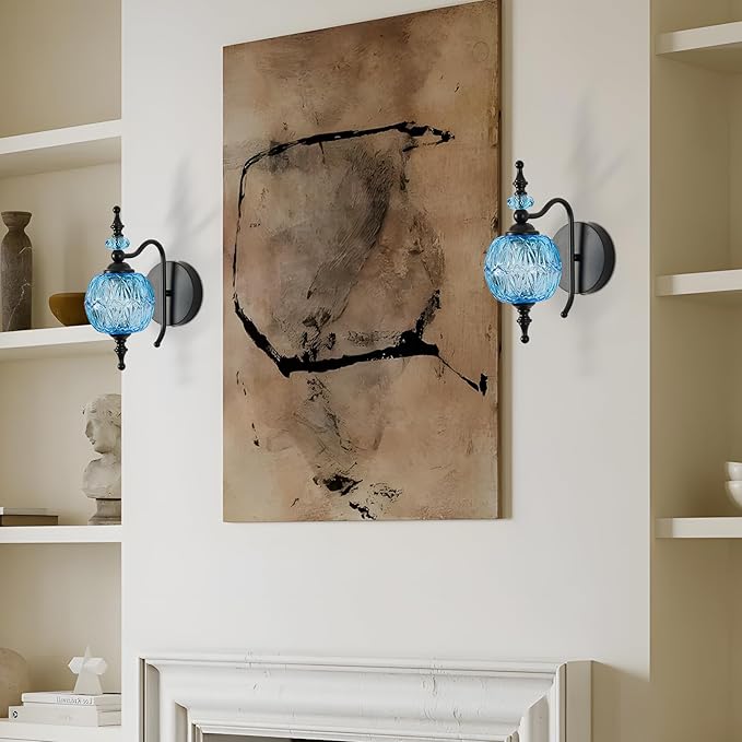 Vintage Wall Sconces with Black Finish Bathroom Blue Wall Light Fixtures with Crystal Glass Shade for Bedroom Living Room Kitchen Hallway