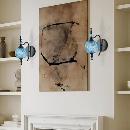 Vintage Wall Sconces with Black Finish Bathroom Blue Wall Light Fixtures with Crystal Glass Shade for Bedroom Living Room Kitchen Hallway