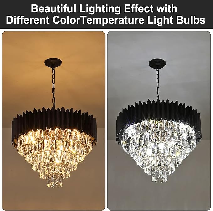A AXILIXI Black Crystal Chandeliers Modern Round Chandeliers 24" Dimmable 12 Lights Ceiling Pendant Light Fixtures 5 Tiers Luxury Raindrop for Living Room Dining Room Bedroom Foyer