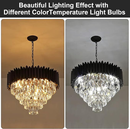 A AXILIXI Black Crystal Chandeliers Modern Round Chandeliers 24" Dimmable 12 Lights Ceiling Pendant Light Fixtures 5 Tiers Luxury Raindrop for Living Room Dining Room Bedroom Foyer