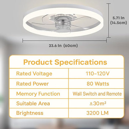 Fszdorj 23.6'' Ceiling Fan with Light, Upgraded Low Profile Fan, Flush Mount Ceiling Fan, 6 Speeds, Dimmable LED, App & Remote Control, Quiet DC Motor, for Bedroom, Living Room, F115 White