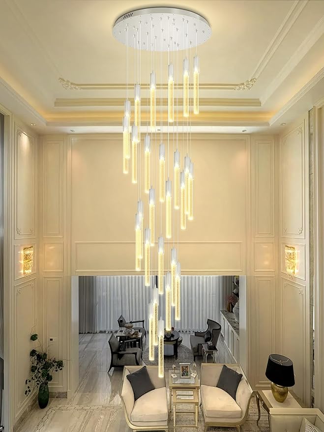 Flashing God High Ceiling Chandeliers Long Spiral Chandeliers for Entryway H144inch Modern Crystal Chandelier for Staircase Foyer Living Room Sloped Ceilings Light Fixture