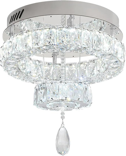 Flashing God Dia 12" Mini Chandelier Modern Crystal Chandeliers for Hallway Silver Flush Mount Ceiling Light Modern Chandeliers Lighting for Bedroom Staircase Kitchen