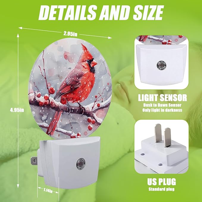 Red Cardinal Bird Night Light,Chrismas Snow Night Lights Plug into Wall for Kitchens Toilets Bedroom Decorative Half Round Nightlight Led Lamp 0.5W Sleep Friendly