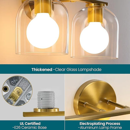 WOSHITU Bathroom Vanity Light Fixtures: 14.2 Inch Modern Gold Bathroom Light Fixtures Over Mirror with Clear Glass Shade, Brushed Gold 2 Light Wall Mount Sconces Above Mirror