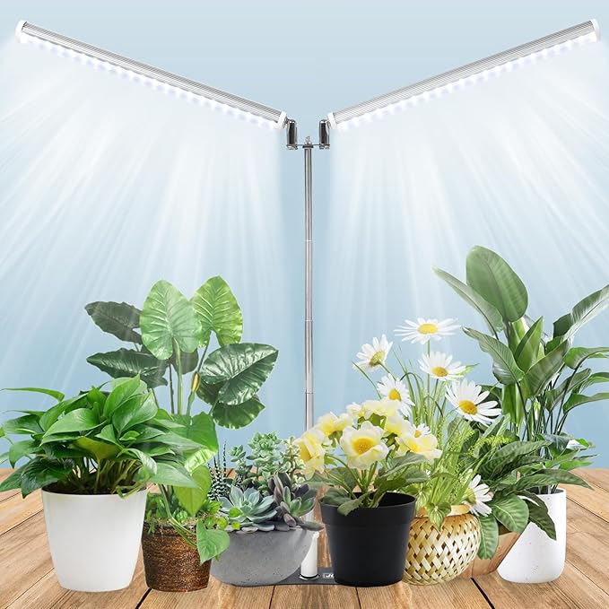 Standing LED Grow Light，Adjustable Dual Head T12 Bar Plant Light, White 6500K Full Spectrum Plant Grow Lamp on Stand for Indoor Plants Seed Starting, Seedlings, Veg, Flower
