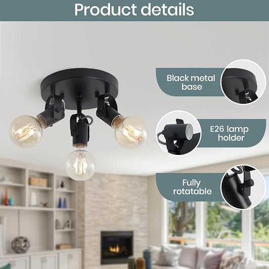 3-Light Flush Mount Ceiling Spotlight，Multi-Directional Track Lighting Fixtures Ceiling with Open No Shade Design, Black Kitchen Light for Island, Sink,Dining Room, Hallway (E26, Bulb Not Included)