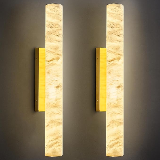 LMQNINE Natural Alabaster Wall Sconces Set of Two Spanish Marble Wall Light Cylinder Modern Gold LED Sconce for Living Room Bedroom Bathroo Stairs（M-2Pack）