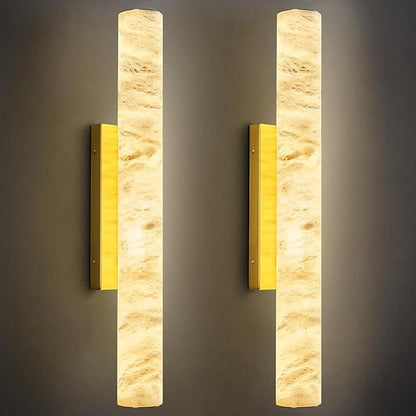 LMQNINE Natural Alabaster Wall Sconces Set of Two Spanish Marble Wall Light Cylinder Modern Gold LED Sconce for Living Room Bedroom Bathroo Stairs（M-2Pack）