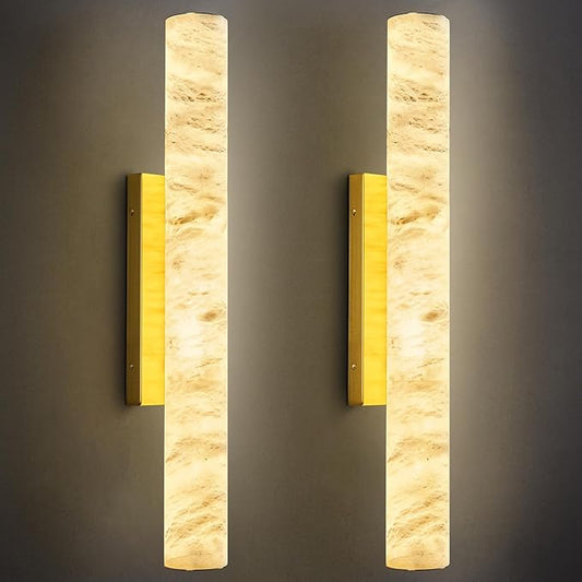 LMQNINE Natural Alabaster Wall Sconces Set of Two Spanish Marble Wall Light Cylinder Modern Gold LED Sconce for Living Room Bedroom Bathroo Stairs（M-2Pack）
