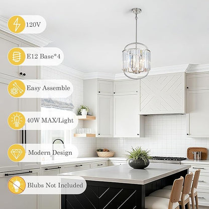 4-Light Brushed Nickel Crystal Chandelier Mini Pendant Lighting 12.8" Crystal Lamp for Closet Bedroom Foyer Dining Room Hanging Ceiling Light Fixture