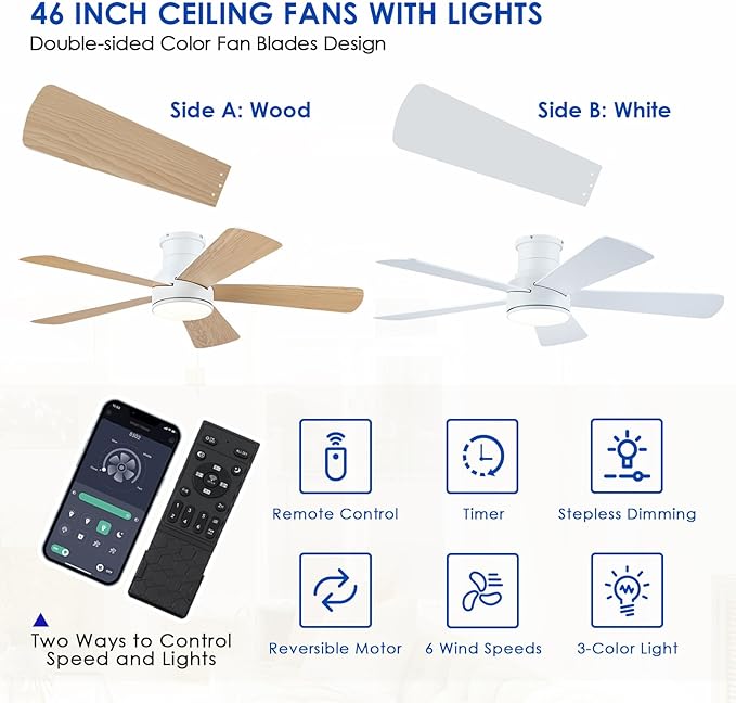 Hounberi 46 Inch Flush Mount Ceiling Fan with Lights and Remote, Modern Quiet DC Motor Low Profile Ceiling Fan for Low Ceilings, 5 Reversible Blades, 6 Speeds Dimmable, Indoor Outdoor Bedroom, White