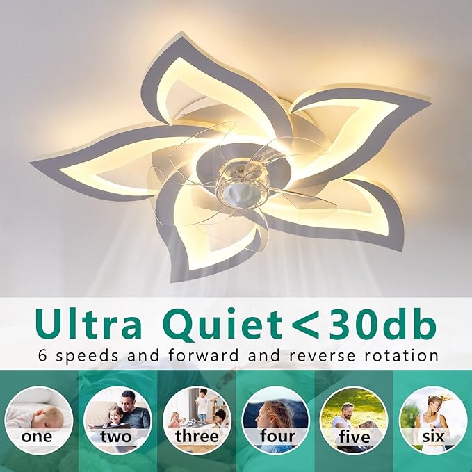 Ceiling Fan with Lights Remote Control, 3 Colors, 6 Speeds, 24" Geometric Bladeless Ceiling Fan, White Low Profile Ceiling Fan with Light for Kitchen Bedroom