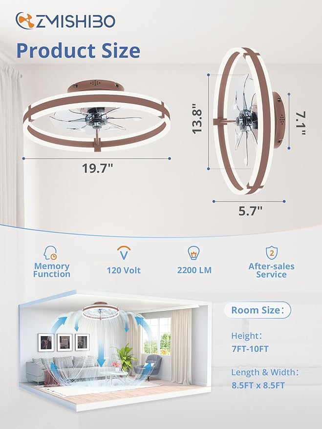 ZMISHIBO Ceiling Fans with Lights and Remote, 19.7'' Low Profile Ceiling Fan, 3000-6000K Dimmable Modern Flush Mount LED Fan Light, 6 Wind Speeds, Brown Fandelier Ceiling Fans for Bedroom
