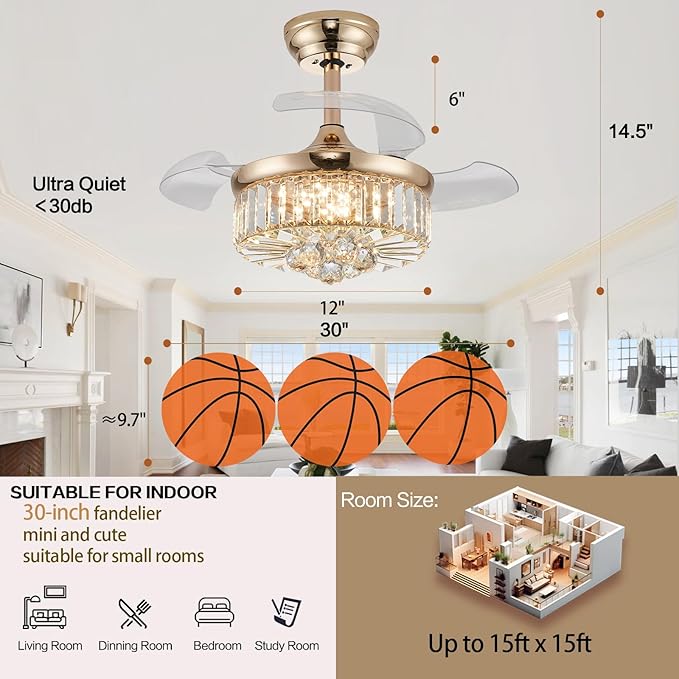 DuMaiWay 30" Golden Chandelier Ceiling Fan with Light Crystal Modern Fandelier Reversible Ceiling Fan Dimmable Retractable Timer for Dining Living Room Bedroom