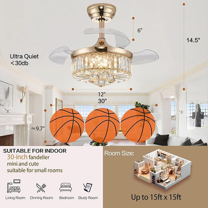 DuMaiWay 30" Golden Chandelier Ceiling Fan with Light Crystal Modern Fandelier Reversible Ceiling Fan Dimmable Retractable Timer for Dining Living Room Bedroom