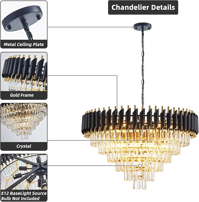 Modern Crystal Chandeliers 6 Tiers 30" Round Extra Large for Dining Room 16-Light Black and Gold Chandelier Living Room Round Contemporary Ceiling Hanging Light