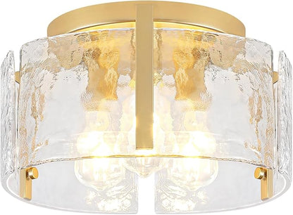 15'' Modern Gold Semi Flush Mount Ceiling Light, 3-Light Glass Drum Light Fixtures, Ceiling Lights for Hallway Entryway Foyer Bedroom Kitchen Island Dining Room Laundry Room Bathroom Lighting Fixture
