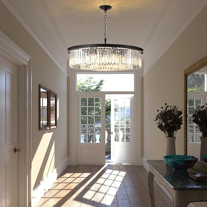 Large Crystal Chandelier Black Chandeliers Luxury Pendant Lights Fixture for Dining Living Room 12-Lights 3-Tier Raindrop Chandeliers Lighting (Black, Dia 31 Inch)