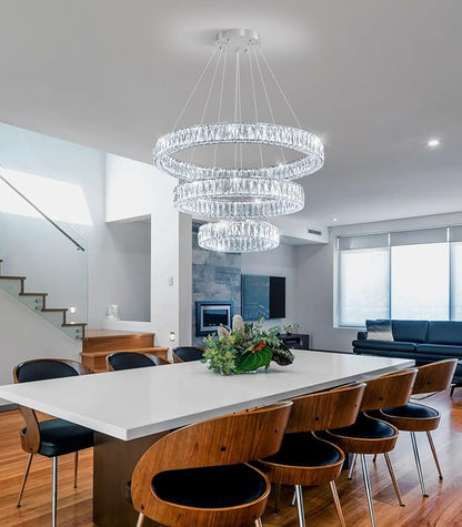HAIXIANG Modern Glam Chandelier Crystal LED Remote Rings Chandelier Adjustable Hanging Ceilings Pendant Lights Fixture Silver 8"+16"+24" Rings Lighting