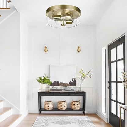 Flush Mount Ceiling Light Fixtures, 2-Light Brass Ceiling Mount for Farmhouse with Seeded Glass Lampshade, Industrial Hall Flush Mount Light Fixture for Hallway, Kitchen, Entryway, Bedroom and Foyer