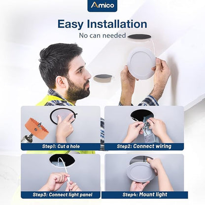 Amico 6 Pack 8 Inch 5CCT Ultra-Thin LED Recessed Ceiling Light with Junction Box, 2700K/3000K/3500K/4000K/5000K Selectable, 18W Eqv 125W 1600LM Brightness Dimmable Canless Wafer Downlight, ETL