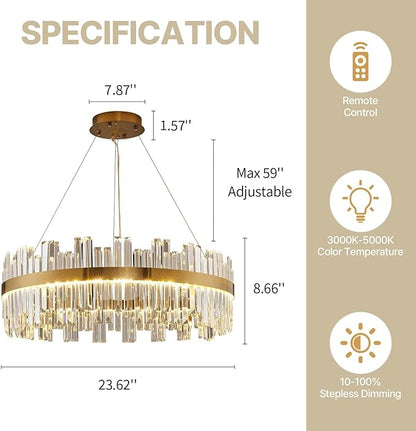 23.6" Dimmable Modern LED Crystal Chandeliers,Gold Chandelier Light Fixture, 3 Colors Contemporary Pendant Ceiling Light for Dining Room Living Room Kitchen Island Entryway Foyer ,With Remote Control
