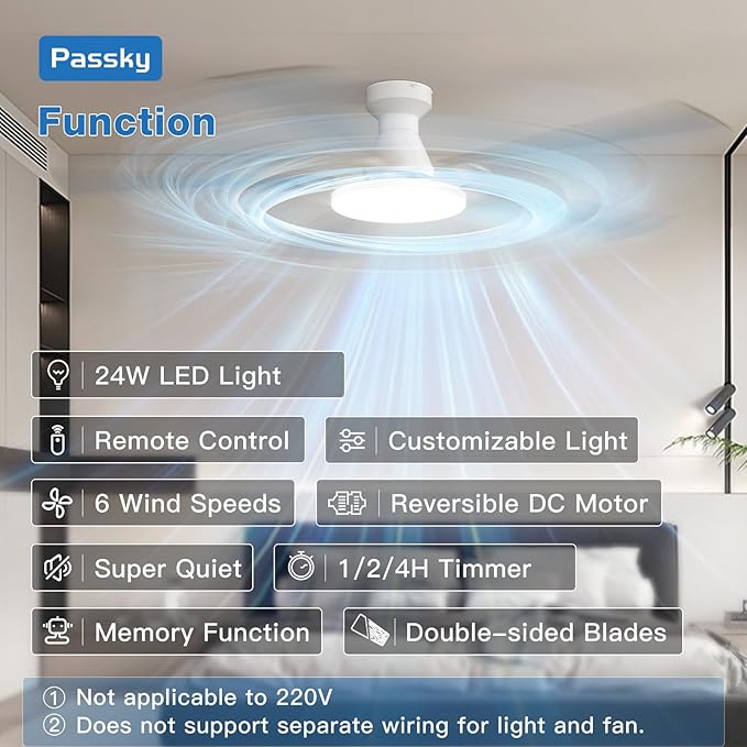 Passky Ceiling Fans with Lights, 60 inch Flush Mount Ceiling fan with Remote Control, Low Profile Ceiling Fan for Bedroom, Farmhouse, Reversible, 3CCT, Dimmable, Noiseless DC Motor, White