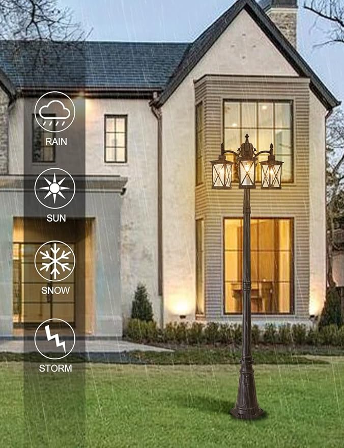Modern Outdoor Street Light 82.7" H Dusk to Dawn 3-Head Post Lights Outside with Outlet Waterproof Outdoor Lamp Post Lights Street Lantern 3 Light in Black for Exterior Yard
