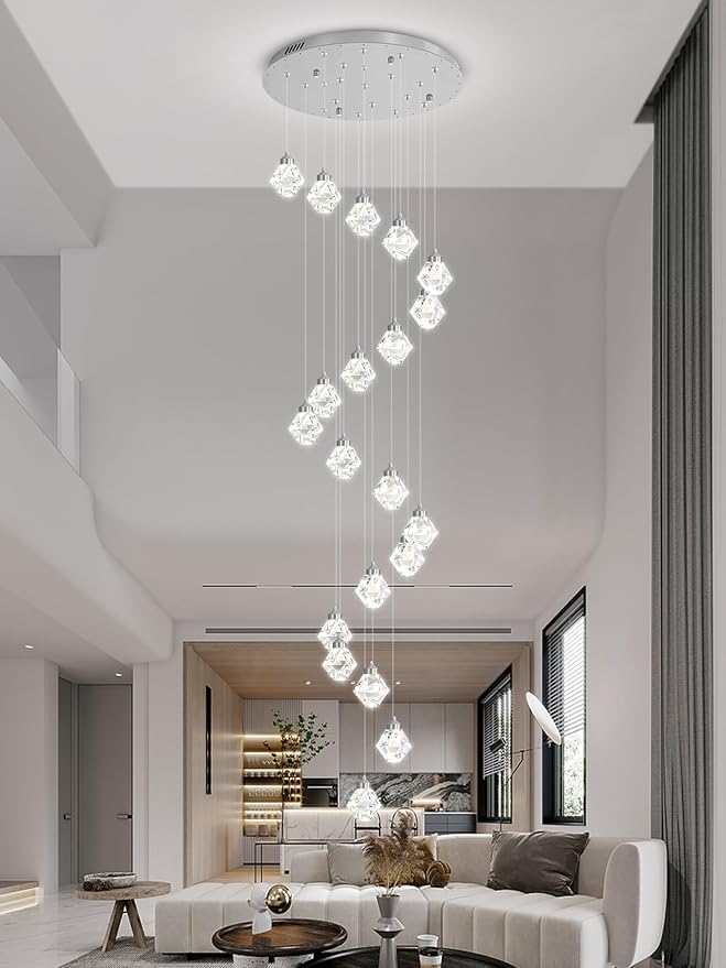 20-Light Modern Chandelier for Foyer Crystal Chandeliers for Living Room Silver Pendant Light Fixture Staircase Chandelier for High Ceilings Dimmable LED Hanging Light with Remote