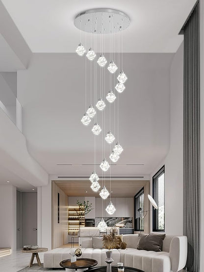 20-Light Modern Chandelier for Foyer Crystal Chandeliers for Living Room Silver Pendant Light Fixture Staircase Chandelier for High Ceilings Dimmable LED Hanging Light with Remote