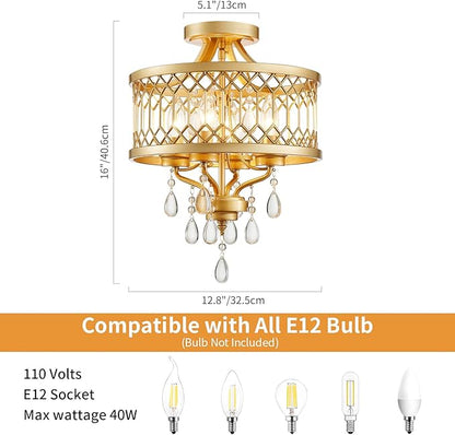 Crystal Ceiling Light Fixture, Farmhouse Semi Flush Mount Ceiling Light, Gold Crystal Chandeliers for Dining Room Light Fixture, Hallway Lighting Fixtures for Kitchen Bedroom Bathroom Foyer Entryway