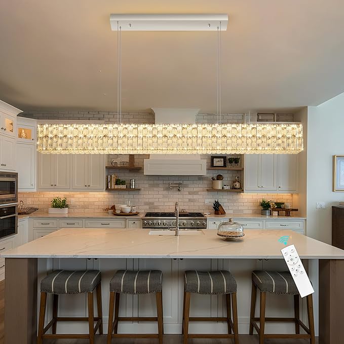 Rectangular Crystal Chandelier Glam Dimmable LED Crystal Chandeliers for Dining Room Linear Pendant Light with Remote Control for Kitchen Island Silver