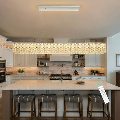 Rectangular Crystal Chandelier Glam Dimmable LED Crystal Chandeliers for Dining Room Linear Pendant Light with Remote Control for Kitchen Island Silver