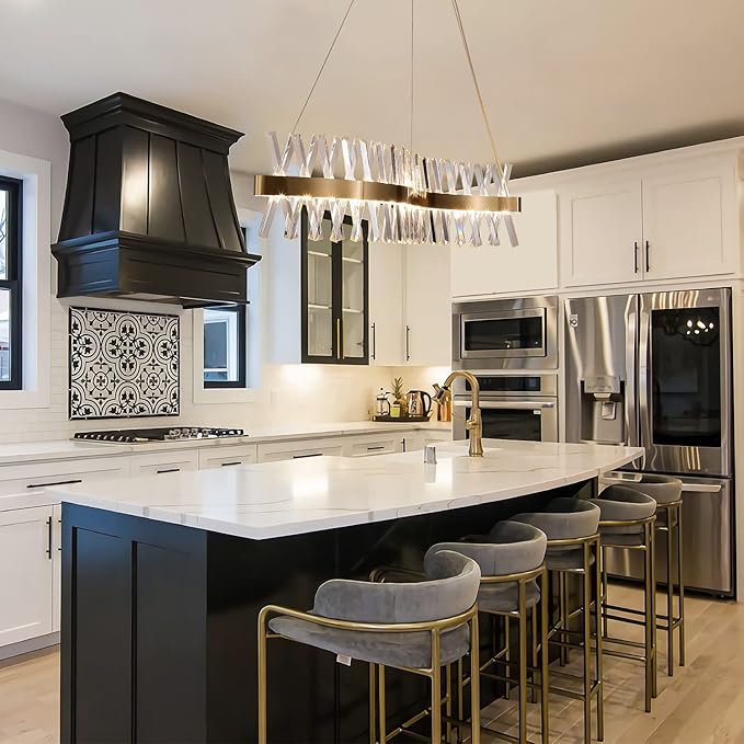 Gold Crystal Chandelier Modern LED Ceiling Pendant Light Fixture 40” Modern Linear Flush Mount Hanging Light for Dining Room Kitchen Island Bedroom, Brushed Finish Warm White 3000K UL Listed