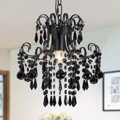 Q&S Mini Crystal Chandelier, Modern Black Small Chandelier 1-Light Crystal Pendant Light Fixture for Princess House Nursery Girls Hallway Entryway Bedroom Foyer Bathroom Kitchen W11.8 UL Listed