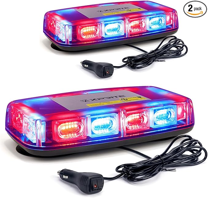 Xprite 2PCS Upgraded 12" 72LED Rooftop Mini Strobe Lights, Emergency Safety Flashing Beacon Light Bar with Magnetic Base for 12V-24V Construction Vehicles,Trucks,Snow Plow,Postal Car (Mix Red/Blue)