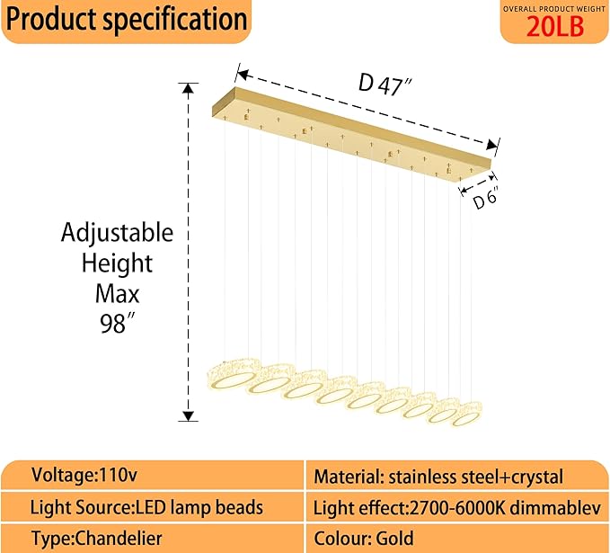 Rectangular Crystal Chandelier for Dining Room Pendant Chandelier for Kitchen Modern Linear Crystal Chandeliers Over Table Gold 9 Lights