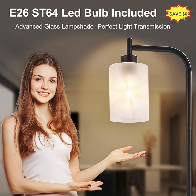 DLLT Floor Lamp Tall for Room: Black Standing Lamp with Frosted Glass Lampshade for Living Room - Modern Bright Lamp for Bedroom - Industrial Corner Floor Lamps for Office 8W Led Bulb Included