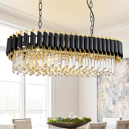 L33 Black and Gold Crystal Chandelier Large 8 Light 3-Tier K9 Crystal Raindrop Chandelier Flush Mount Ceiling Light Fixture for for Dining Room Kitchen Island