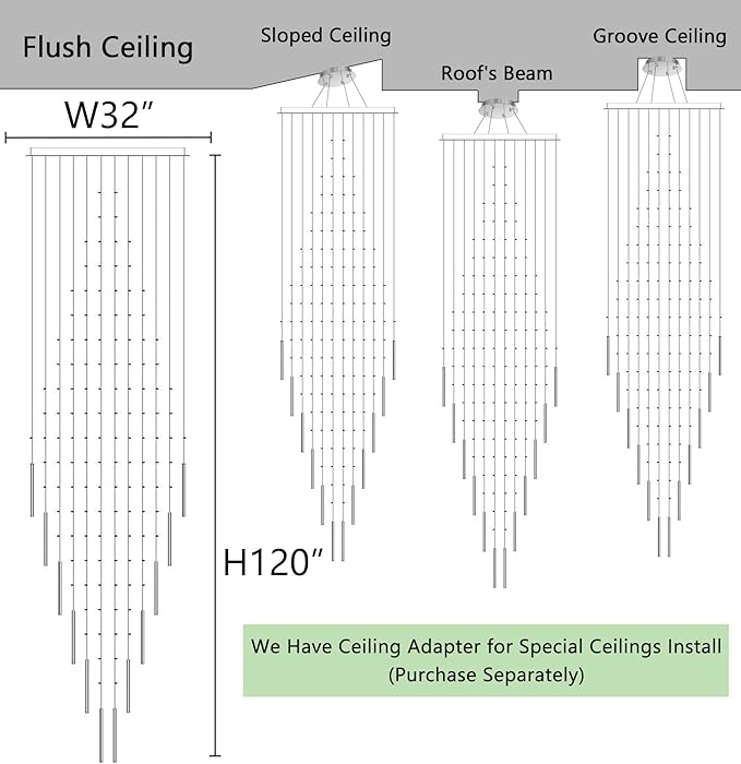 HAIXIANG W32 x H120 Glam Chandelier with LED Bulbs Crystal Raindrop High Ceiling Pendant Light for Entrance Large Villa Chandelier Foyer Lighting Fixtures Silver