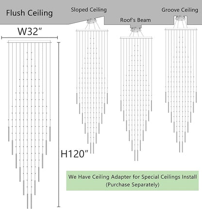 HAIXIANG W32 x H120 Glam Chandelier with LED Bulbs Crystal Raindrop High Ceiling Pendant Light for Entrance Large Villa Chandelier Foyer Lighting Fixtures Silver