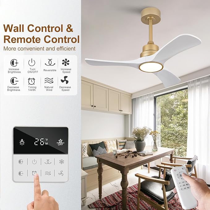 White Gold Ceiling Fans with Lights,36 inch Solid Wood Ceiling Fan with Remote Control,Wall Switch,Dimmable,Reversible,Power Off Memory Modern Ceiling Fan Indoor Outdoor for Bedroom Patio
