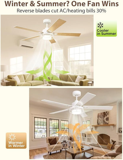 52" White Ceiling Fan with Lights & Remote -Farmhouse Ceiling Fan for Bedroom with High Airflow,Quiet DC Motor 6-Speed Indoor/Outdoor