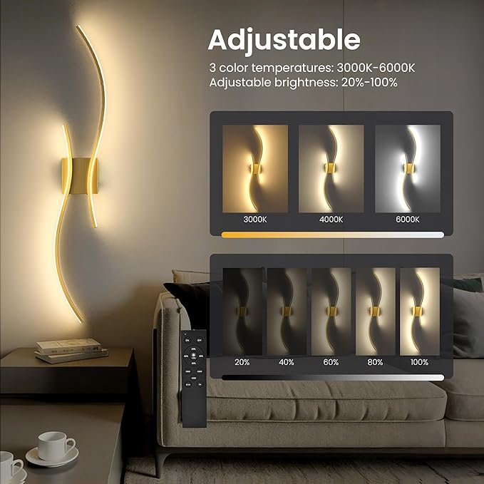 Battery Operated Wall Sconces Set of Two, 10000mAh Rechargeable Modern Wall Lights with Remote Control, Dimmable Gold LED Cordless Lighting for Living Room, Bedroom, Hallway, 39.4 Inch, 3CCT
