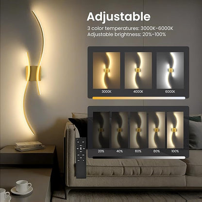 Battery Operated Wall Sconces Set of Two, 10000mAh Rechargeable Modern Wall Lights with Remote Control, Dimmable Gold LED Cordless Lighting for Living Room, Bedroom, Hallway, 31.5 Inch, 3CCT