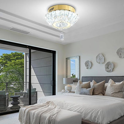 11.8" Mini Gold Crystal Chandelier LED Modern Flush Mount Ceiling Light for Hallway,Bedroom, Kitchen,